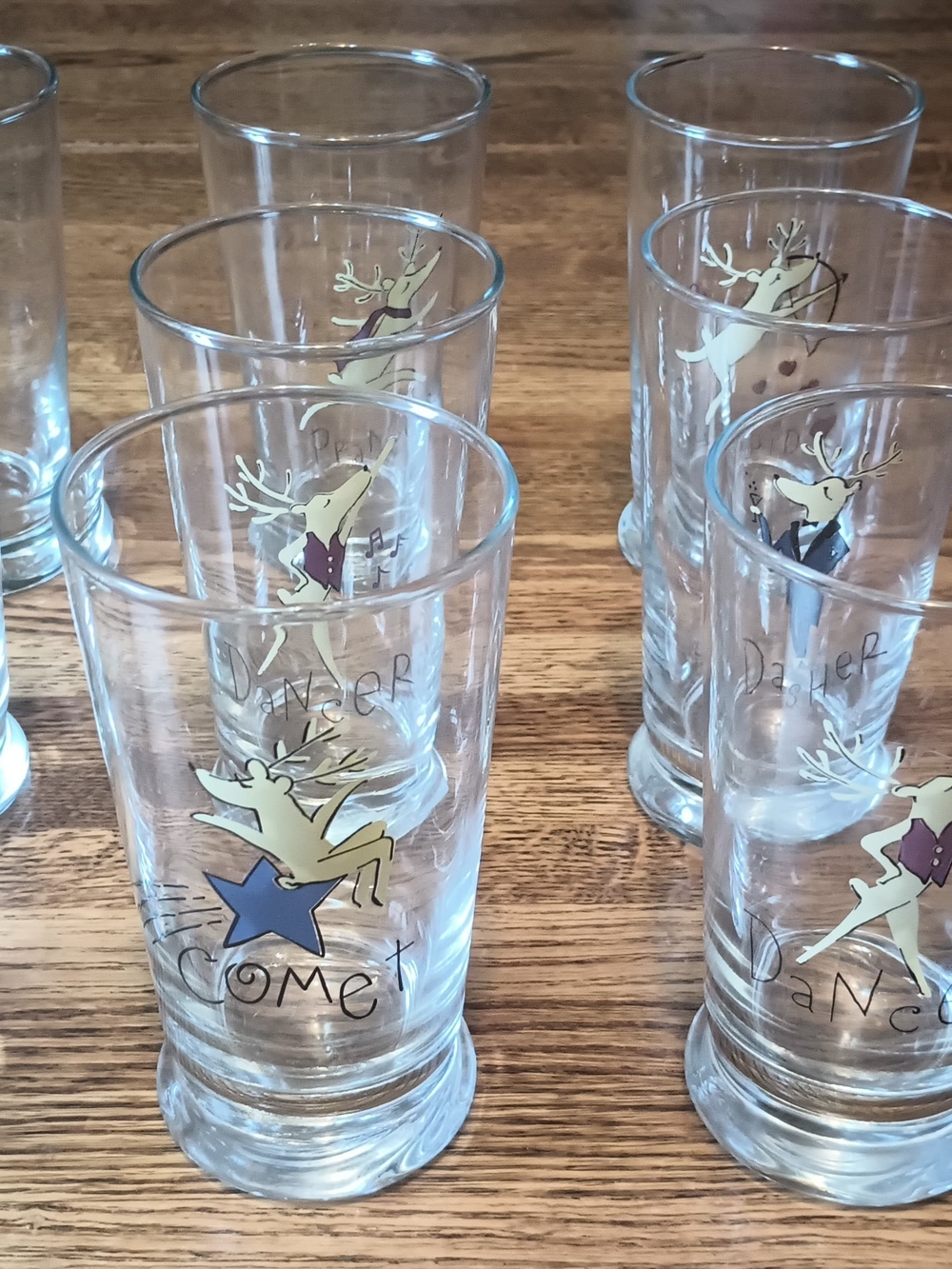 Rare Vintage Pottery Barn Santa's Reindeer Glass Tumblers - Complete Set of 8